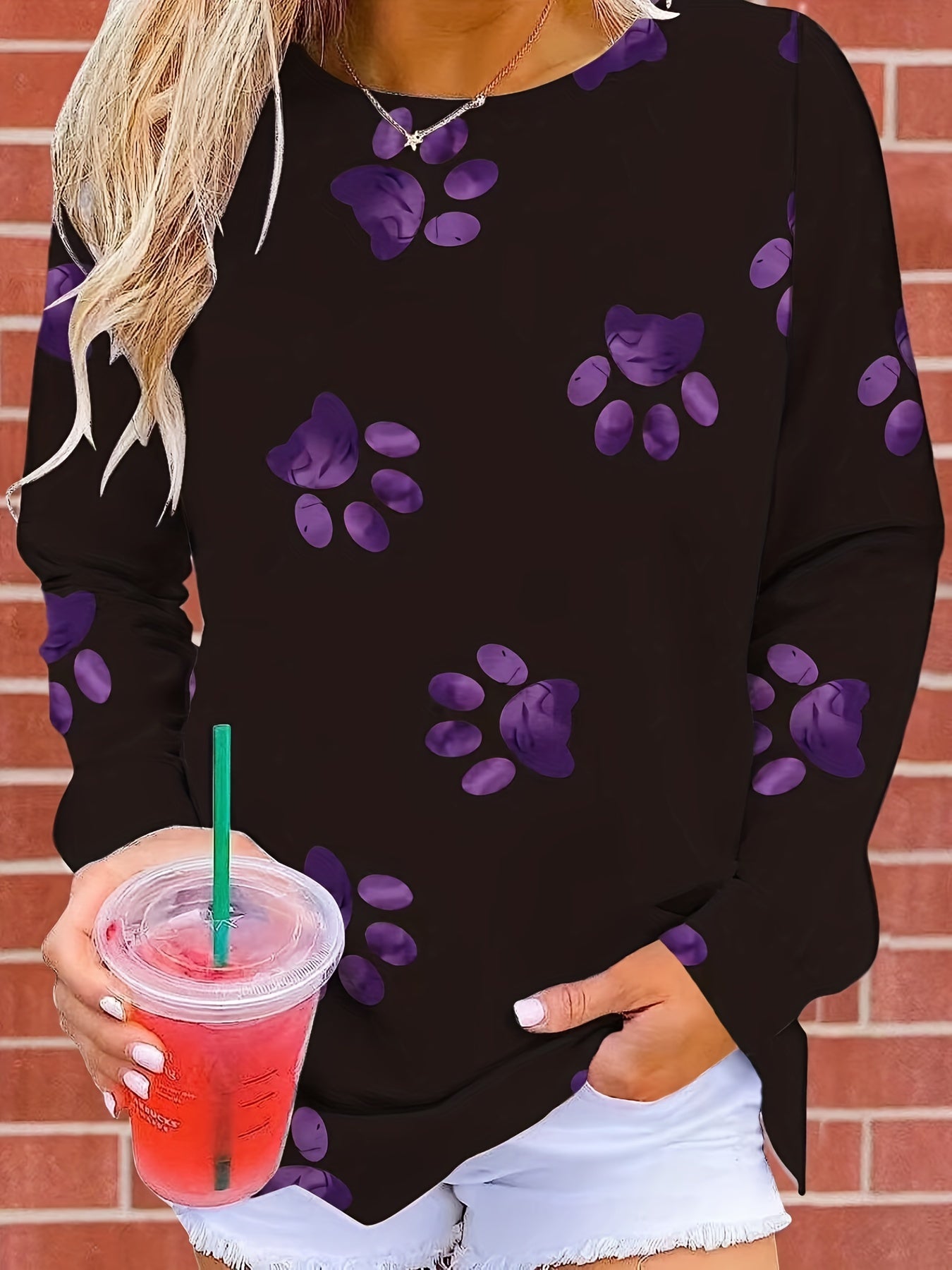 Paw Print Crew Neck Pullover Sweatshirt for Women