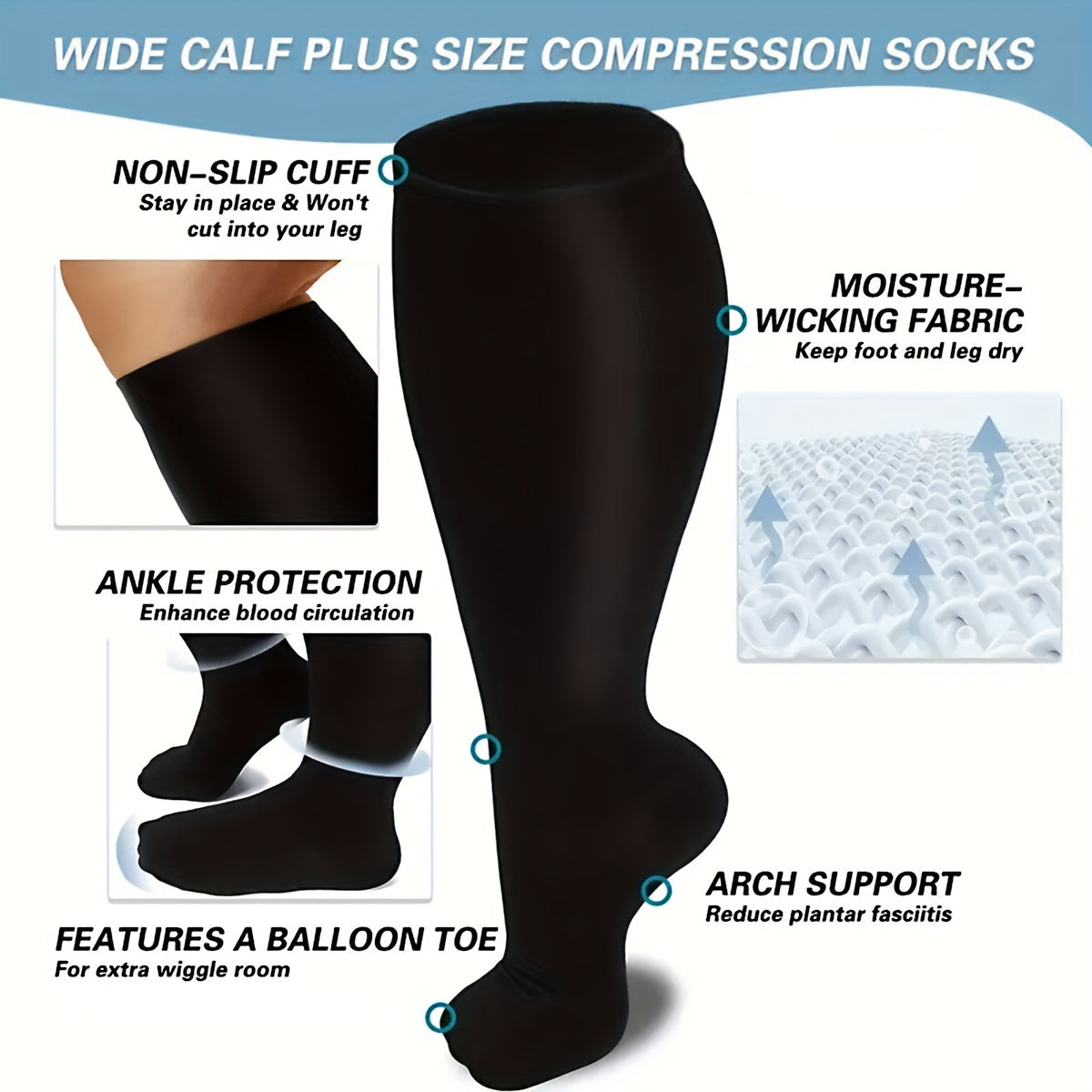 3 Pairs Plus Size Compression Socks 15-20 mmHg Wide Calf Comfortable Breathable