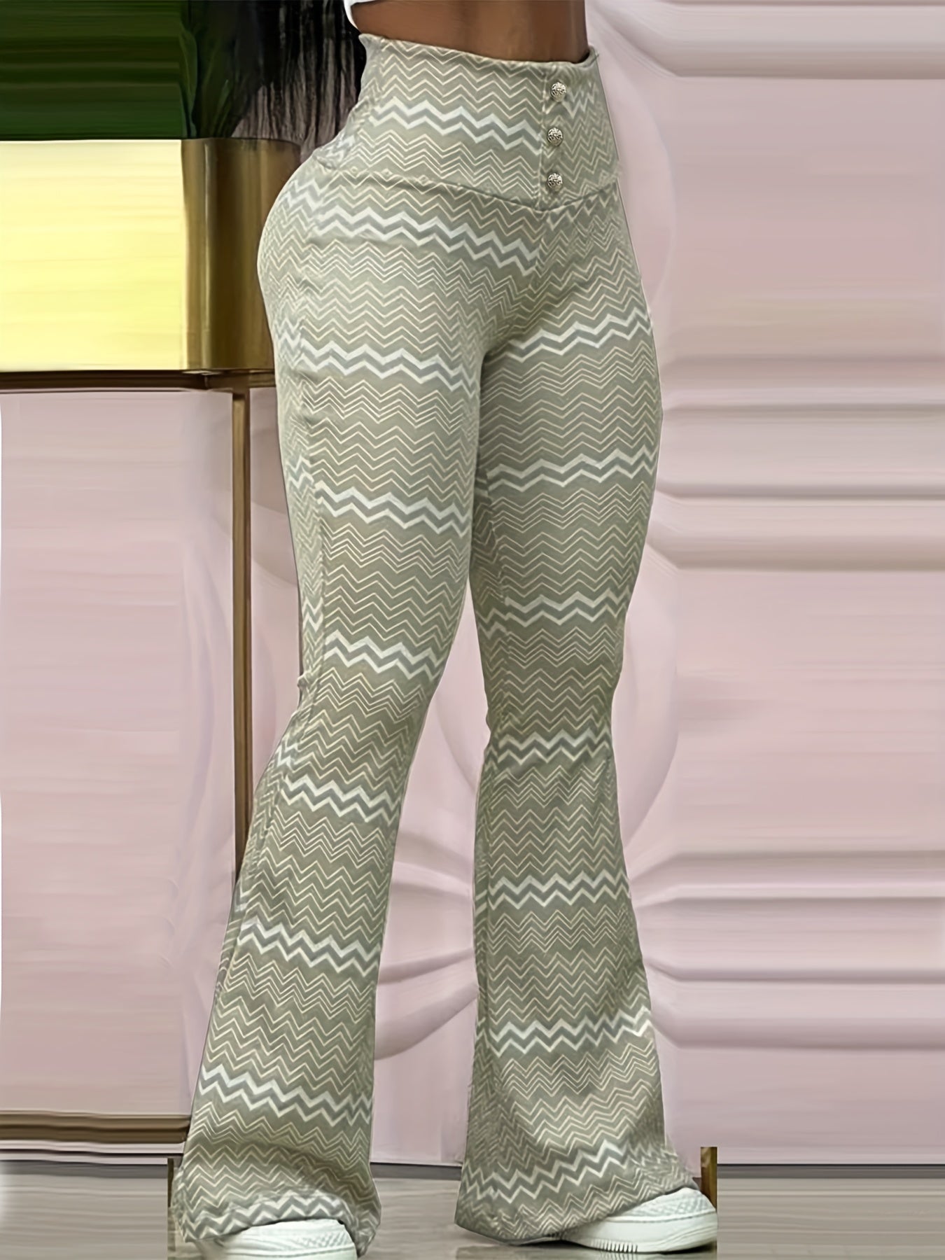 Striped Flare Leg Pants High Rise Buttoned Trousers