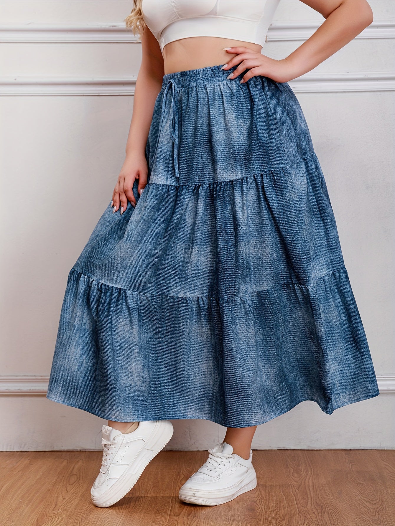 Ombre Denim Print Elastic High Rise Maxi Skirt