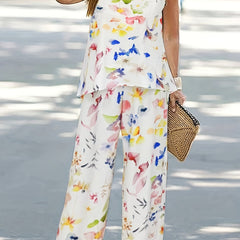 Leaf Print Tank Top & Pants Outfit Set