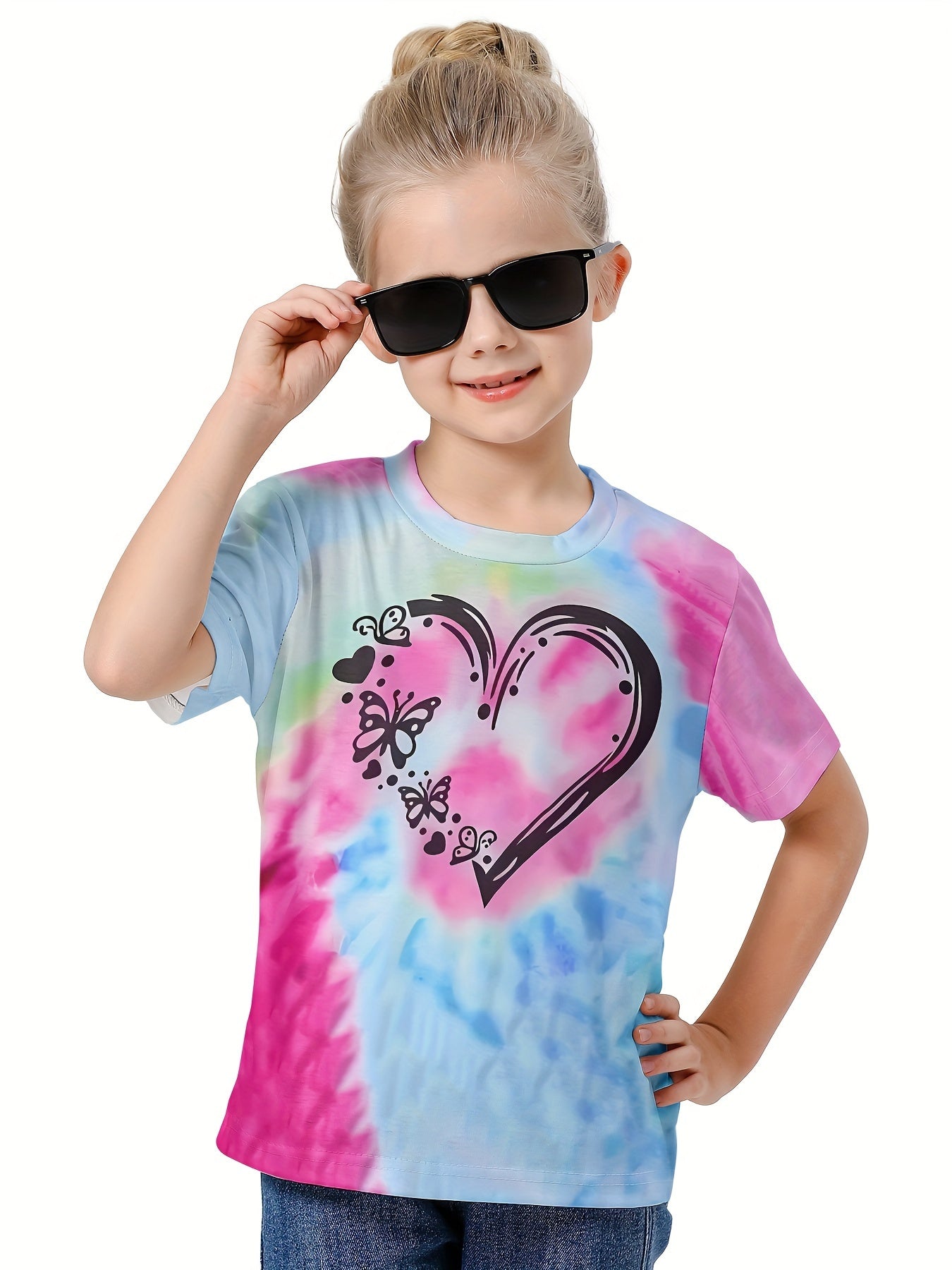 Casual Tie Dye Heart Print Short Sleeve T-shirt Girls Boys Summer Tees