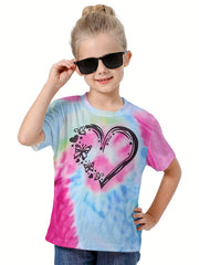 Casual Tie Dye Heart Print Short Sleeve T-shirt Girls Boys Summer Tees