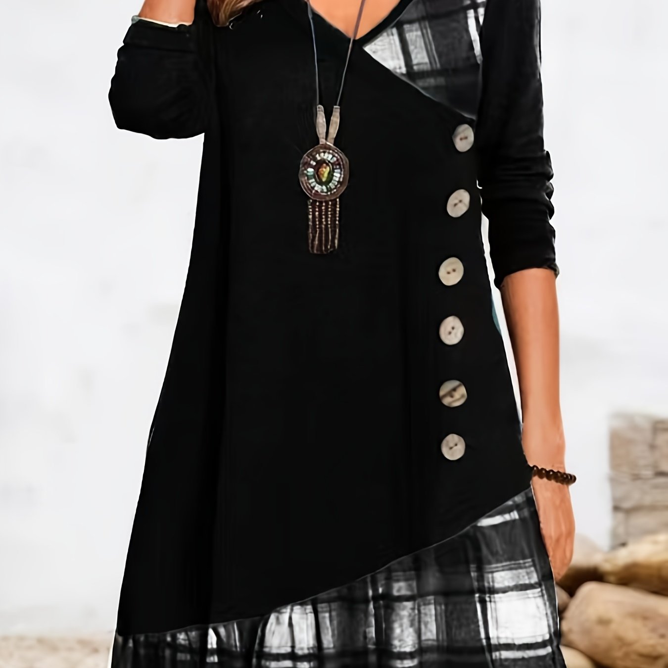 Casual Dress Women's Plus V Neck Plaid Print Long Sleeve