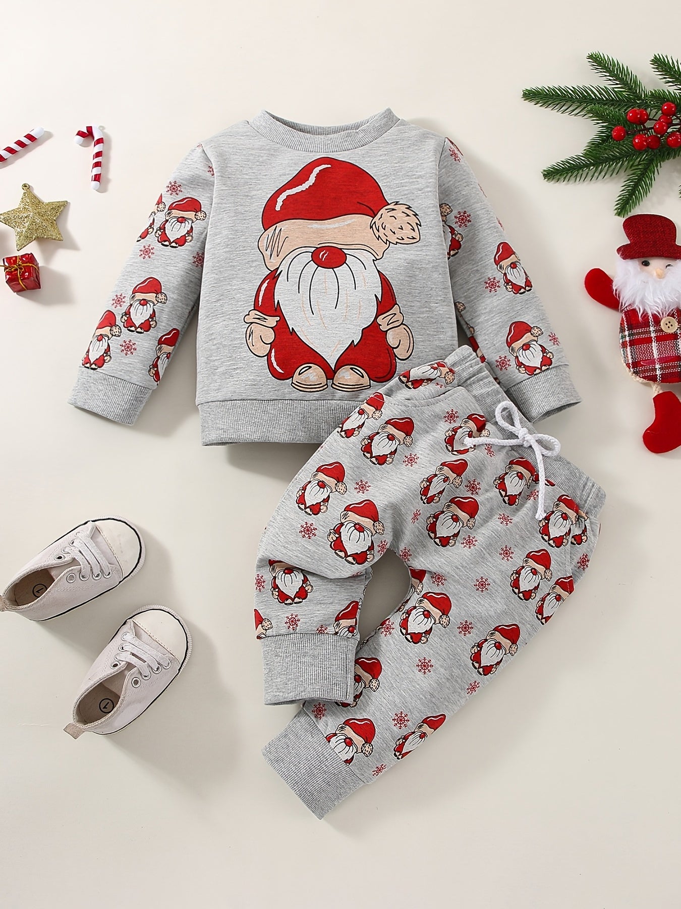 Santa Claus Print Long Sleeve Sweatshirt & Pants 2pcs Outfit