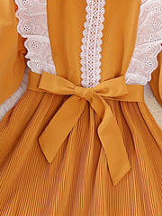 Girls' Ruffle Collar Flutter Lace Long Sleeve Casual Dress