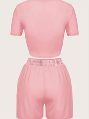 Letter Print 2pc Set Short Sleeve Crop T-shirt & High Waist Elastic