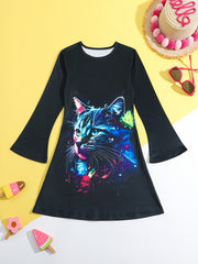Tie Dye Kitty Graphic Crew Neck Long Sleeve Dress For Girls
