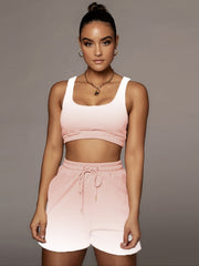 Gradient Two Piece Sport Sets Sleeveless Crop Tops & Drawstring Shorts