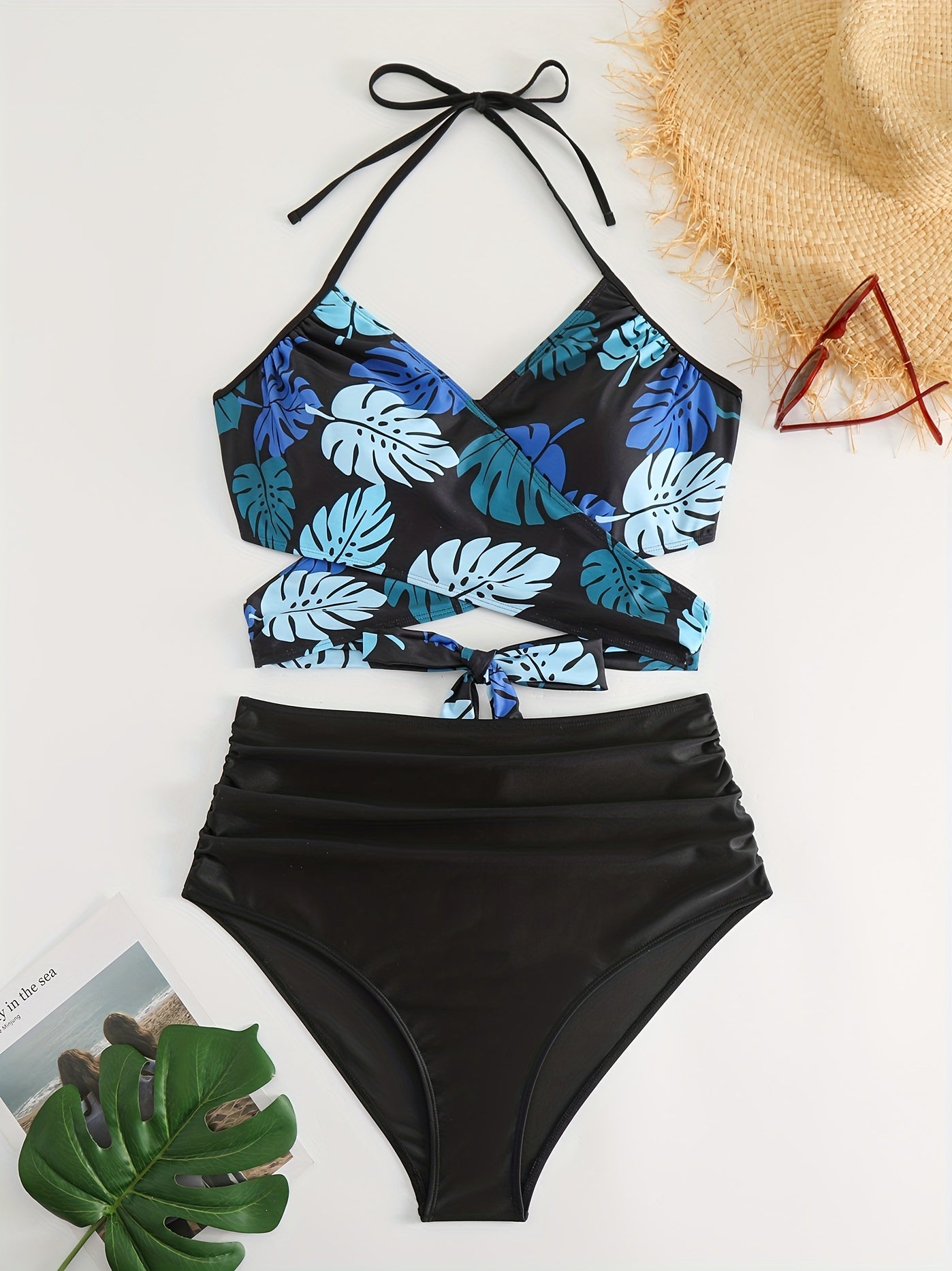 Leaf Print Swimsuit Set V Neck Crop Top & Ruched Panty Two Piece Set