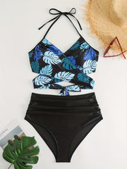 Leaf Print Swimsuit Set V Neck Crop Top & Ruched Panty Two Piece Set