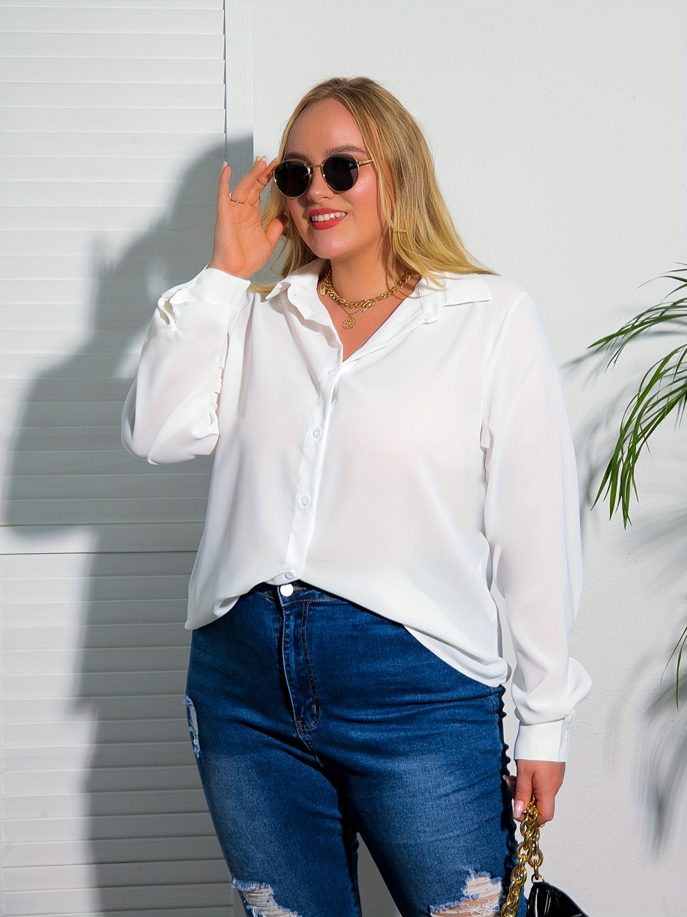 Solid Button Up Lantern Sleeve Blouse