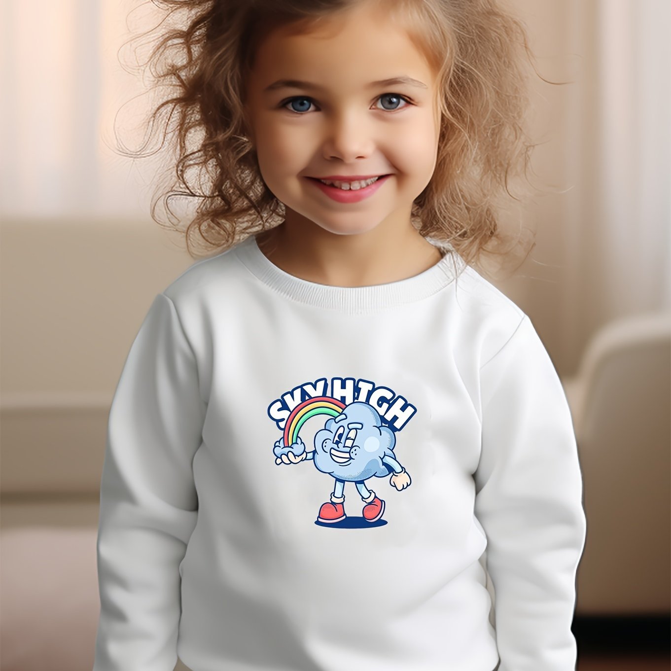Girls Cloud Pattern Crew Neck Sweatshirt For Spring Fall