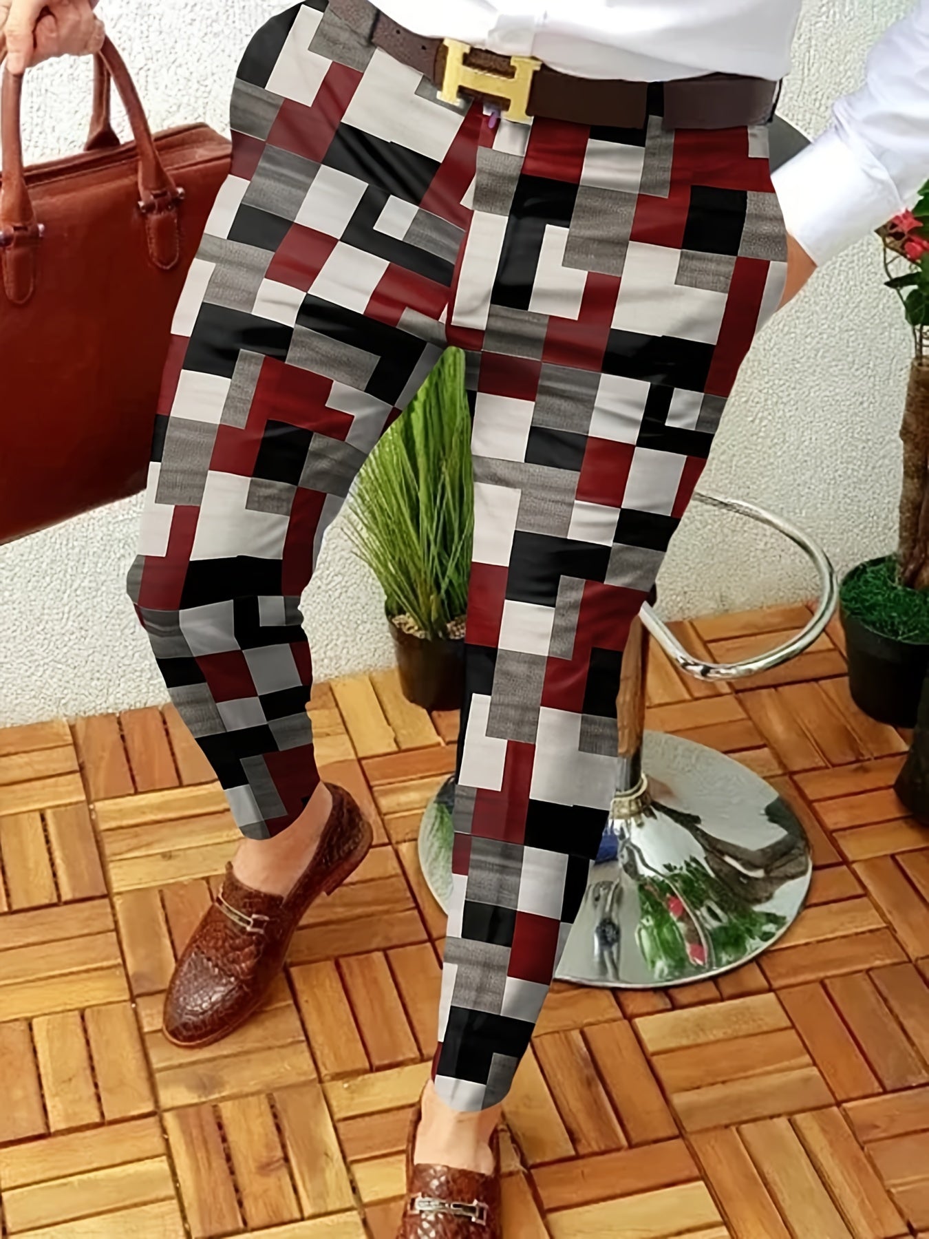 Slim Fit Plaid Slacks Men's Vintage Style Stretch Dress Pants