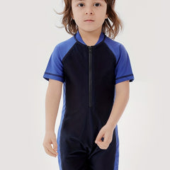 Boys Short Sleeve Zipper One Piece Swimsuit