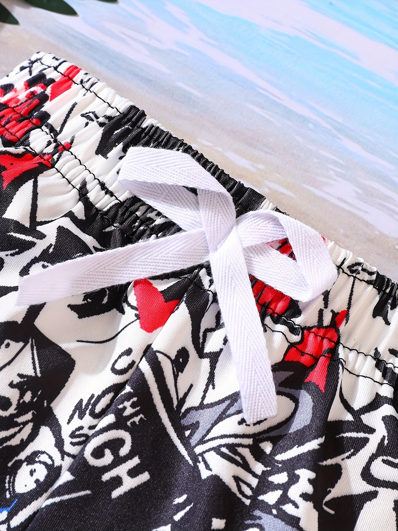 Boys Swim Trunks & Swim Hat Comic Print Elastic Waist Beach Pants