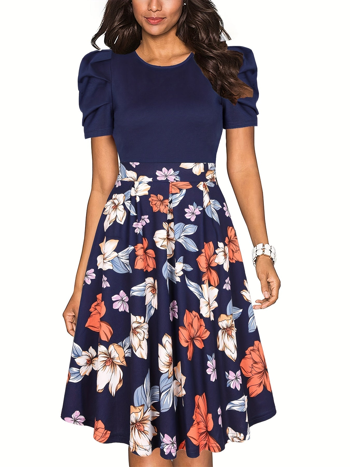 Vintage Floral Crew Neck Dress Short Sleeve Party Dress