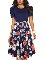 Vintage Floral Crew Neck Dress Short Sleeve Party Dress