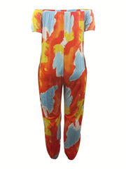 Tie Dye Puff Sleeve Jumpsuit Medium Stretch with Pockets