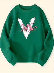 Blossoms & "V" Alphabet Pattern Sweatshirt For Girls