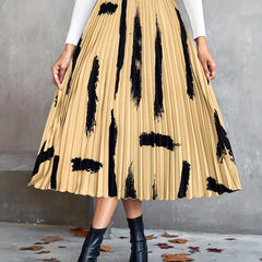 Brush Print Elastic Waist Pleated Maxi Skirt