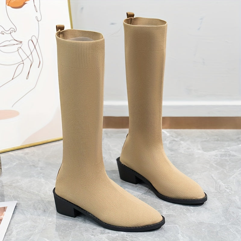 Women's Chunky Heel Long Boots Comfortable Slip On Shoes