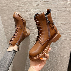 Women's Solid Combat Boots Stylish Round Toe Side Zipper Boots