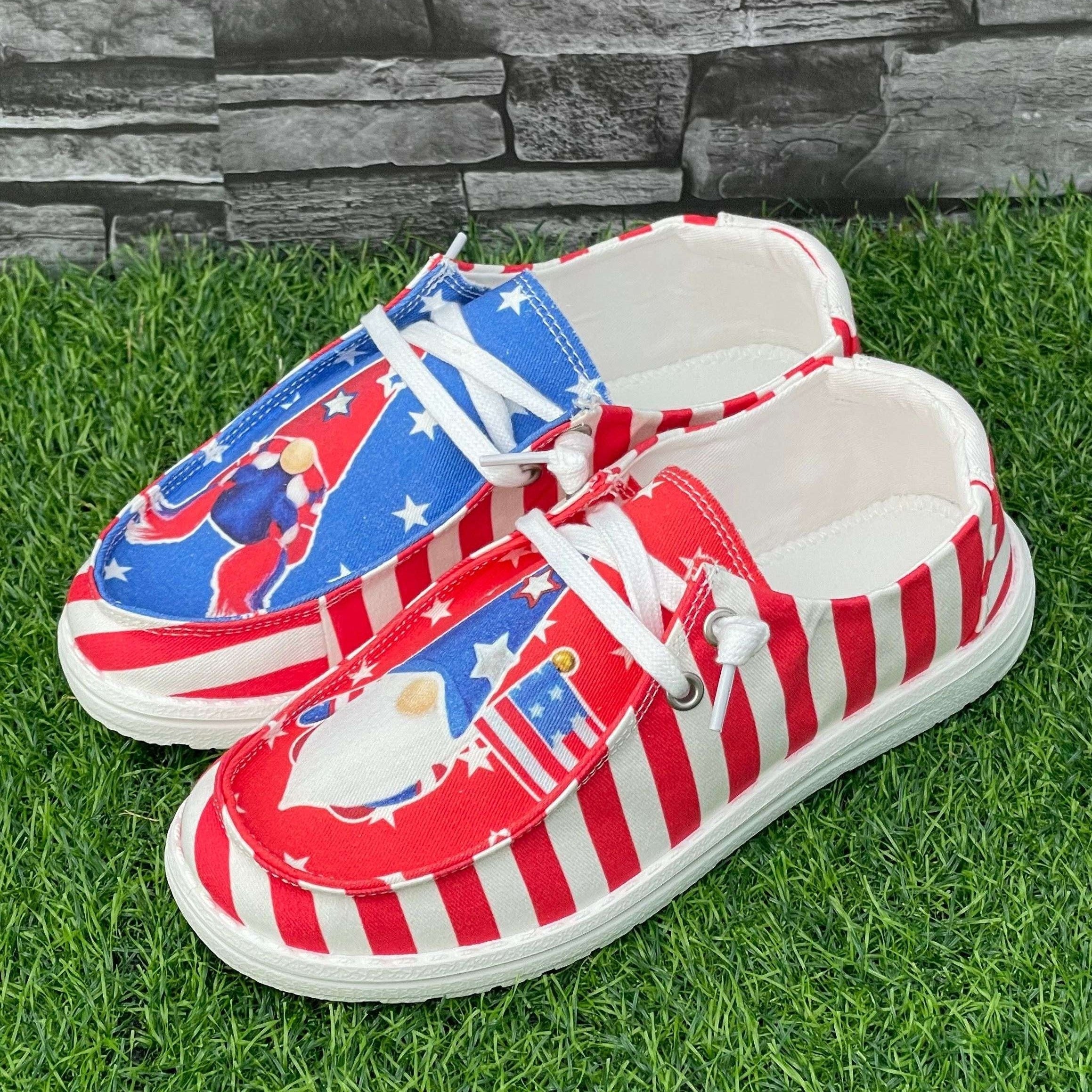 Red Striped Dwarf Pattern Flat Shoes Women's Lightweight Casual Breathable Sport