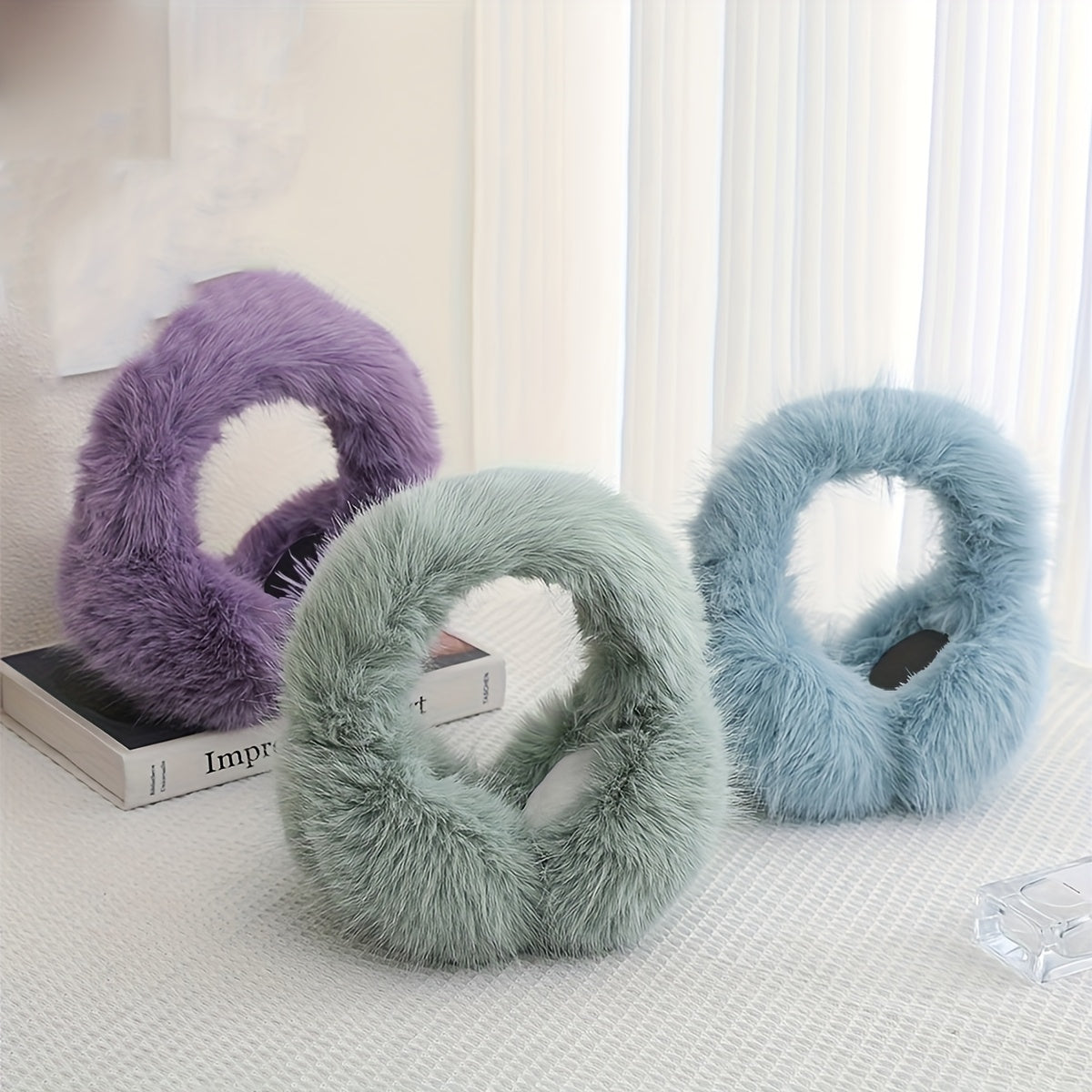 Women's Acrylic Faux Fur Earmuffs, Hand Washable, Warm Ear Protectors, Foldable