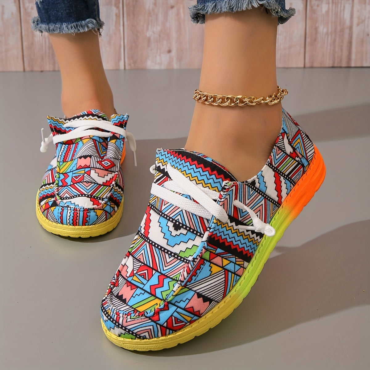 Women's Geometric Pattern Canvas Shoes Casual Lace Up Low Top Shoes