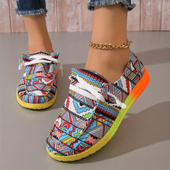 Women's Geometric Pattern Canvas Shoes Casual Lace Up Low Top Shoes