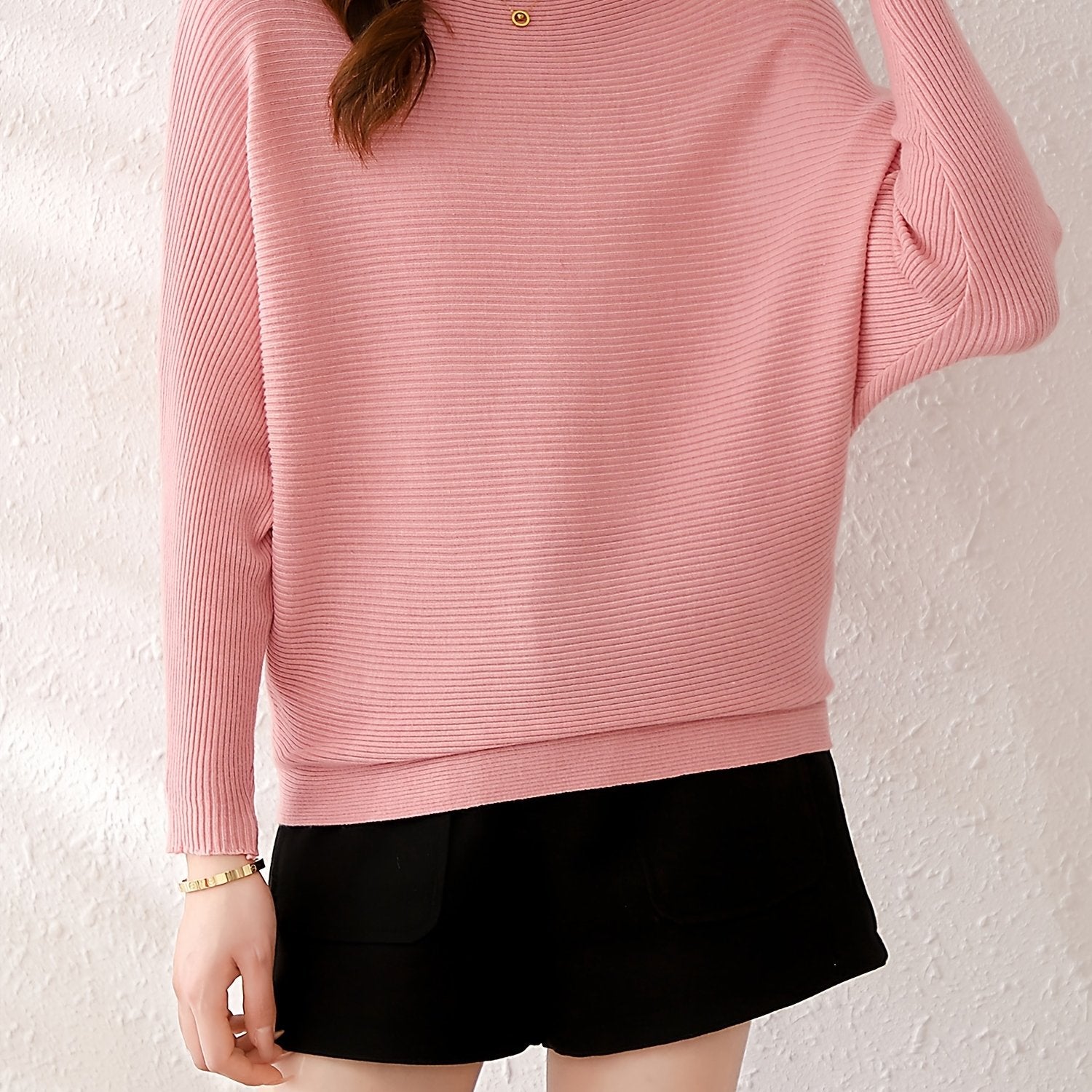 Solid Batwing Sleeve Knit Sweater Boat Neck Casual Sweater