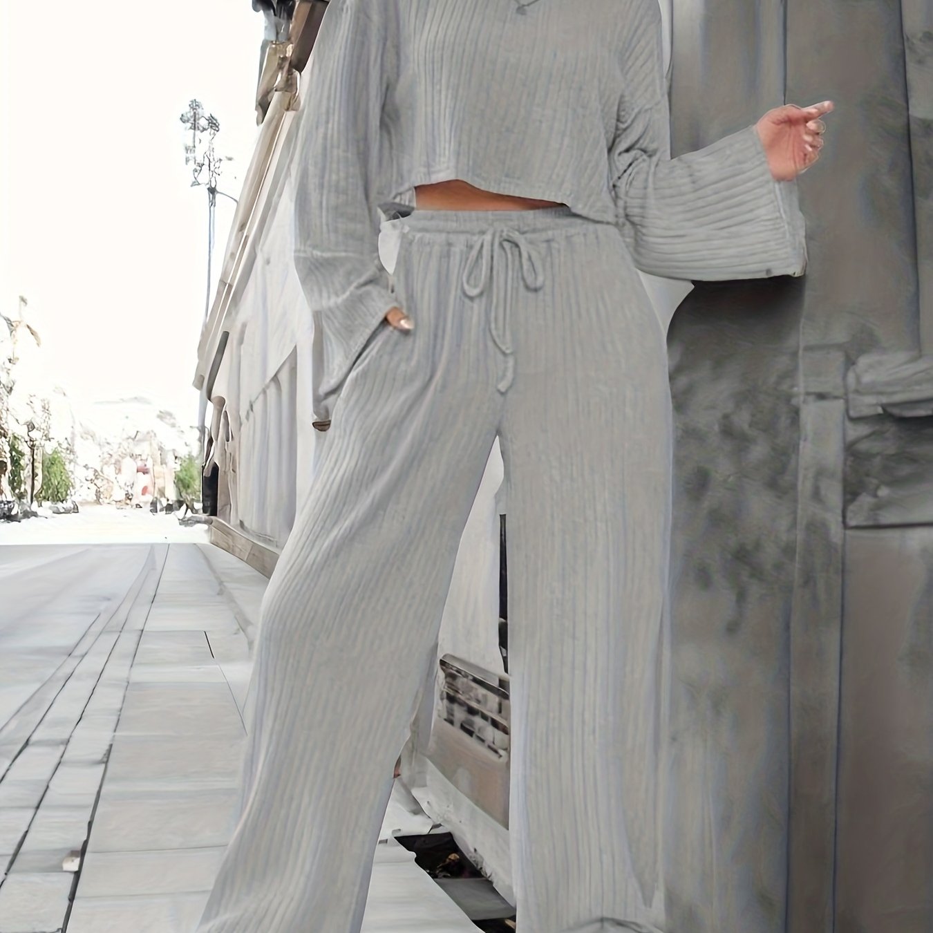 Solid Ribbed Long Sleeve Top & Wide Leg Pants Set
