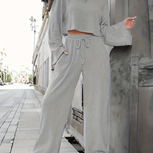 Solid Ribbed Long Sleeve Top & Wide Leg Pants Set