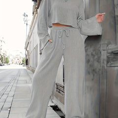 Solid Ribbed Long Sleeve Top & Wide Leg Pants Set