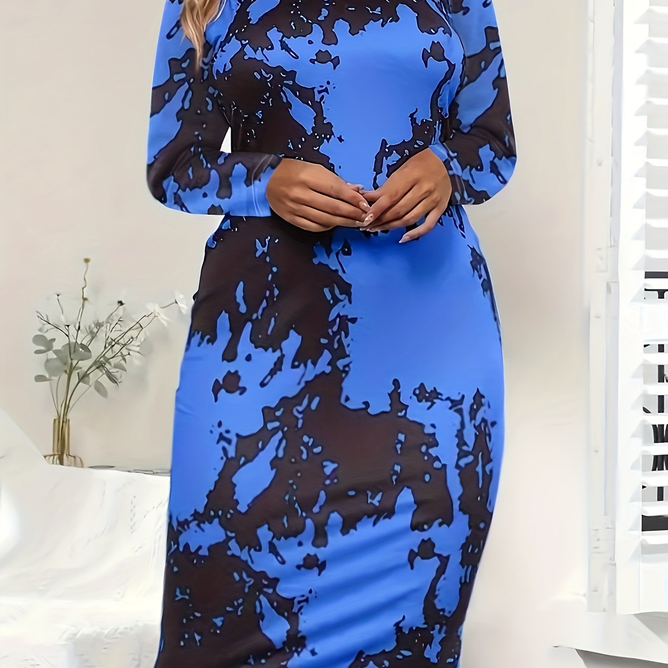 Colorblock Print Long Sleeve Casual Dress