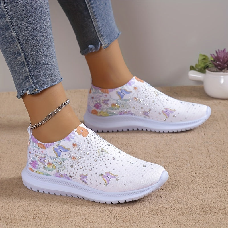 Women's Rhinestone Sock Shoes Butterfly & Floral Print Knit Running Shoes