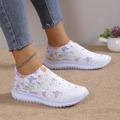 Women's Rhinestone Sock Shoes Butterfly & Floral Print Knit Running Shoes