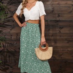 Boho Ditsy Floral Print High Waist Skirts - Ruched Maxi Summer Skirts