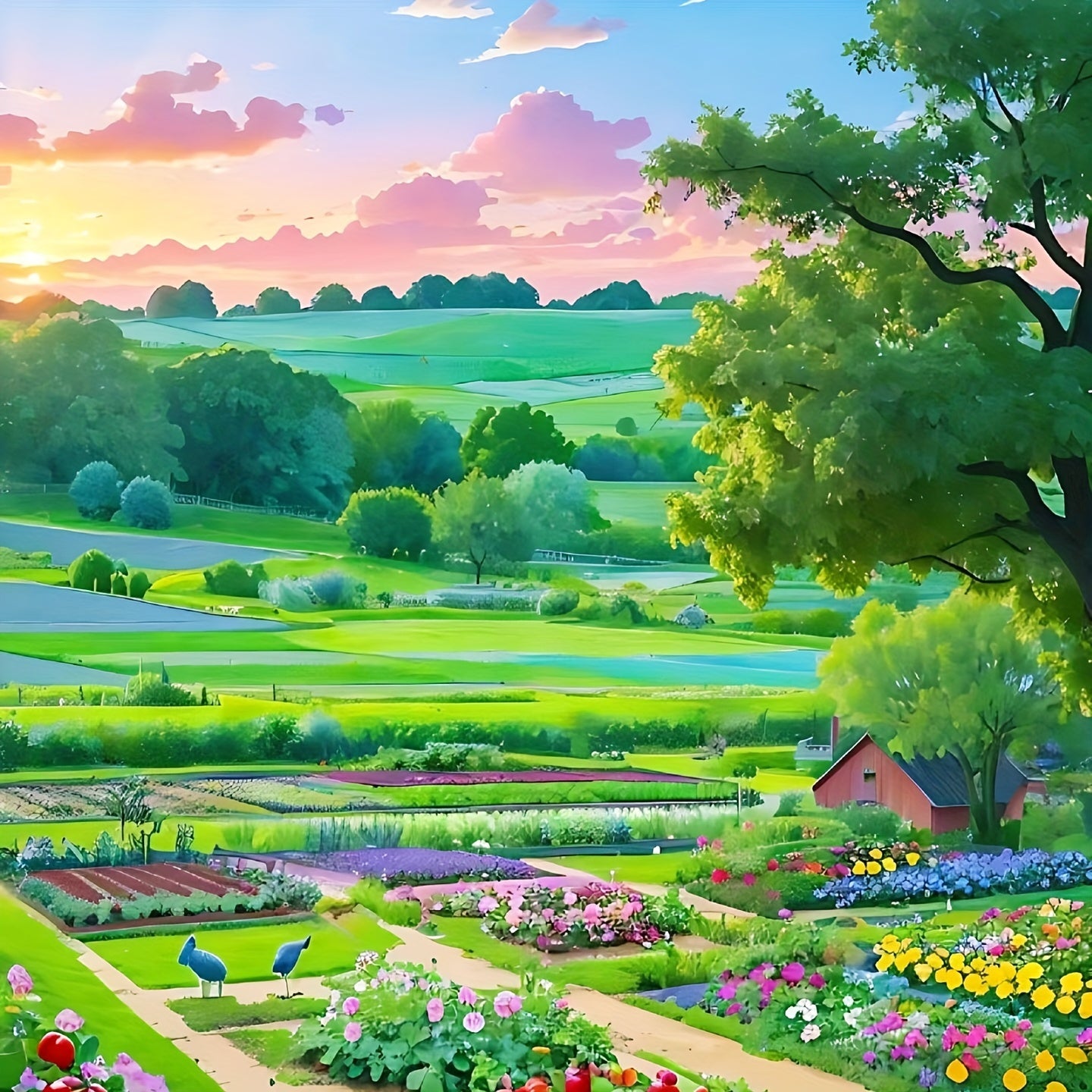 Cartoon Farmland Tree Garden Curtain Tapestry