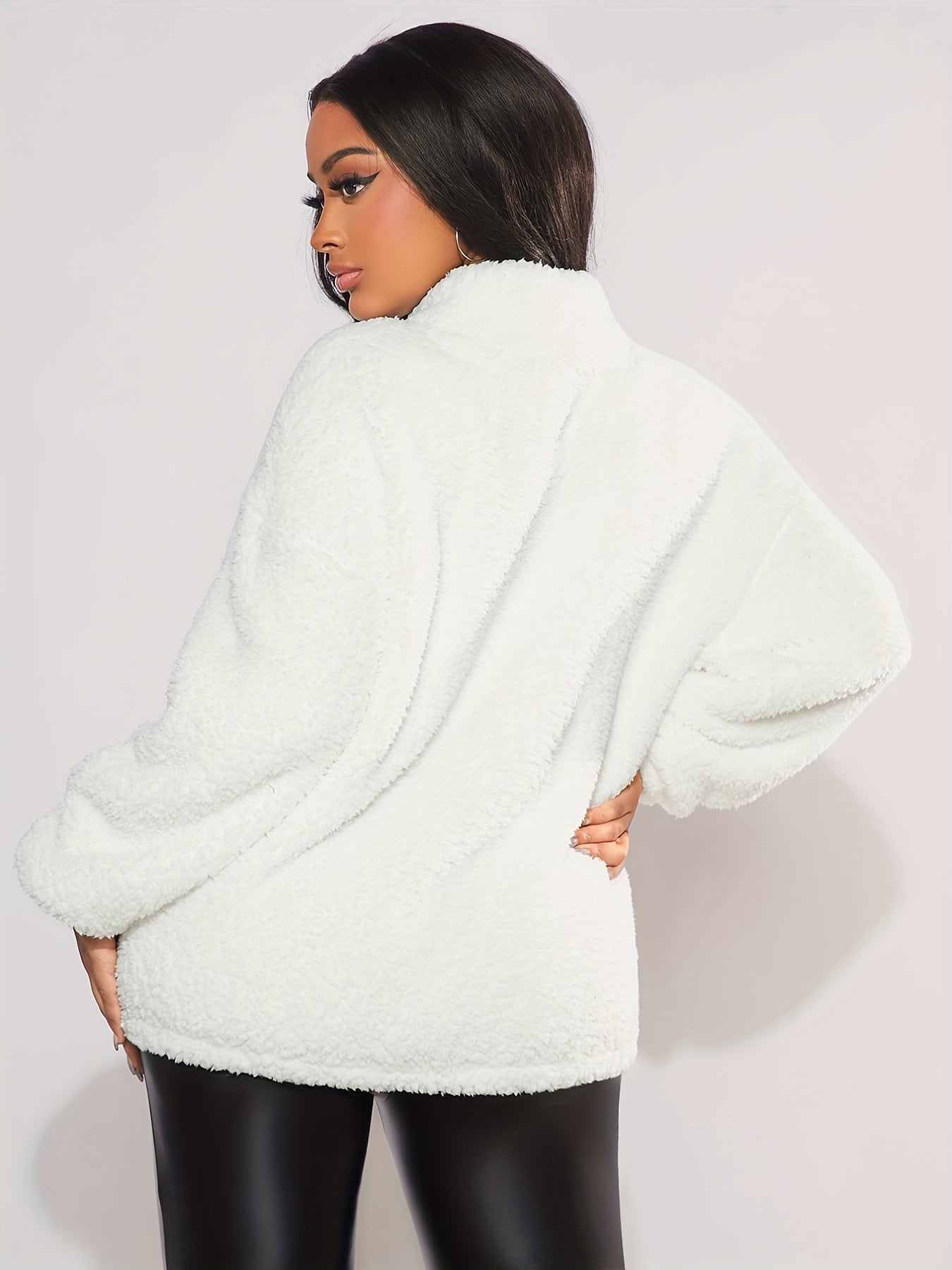 Solid Teddy High Neck Zipper Sweatshirt