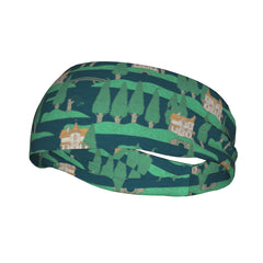 Vintage Style Dark Green Headband with Orange Castle Design
