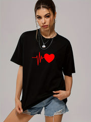 Solid Heart Casual T Shirt Crew Neck Short Sleeve Sports Top Women's Clothing
