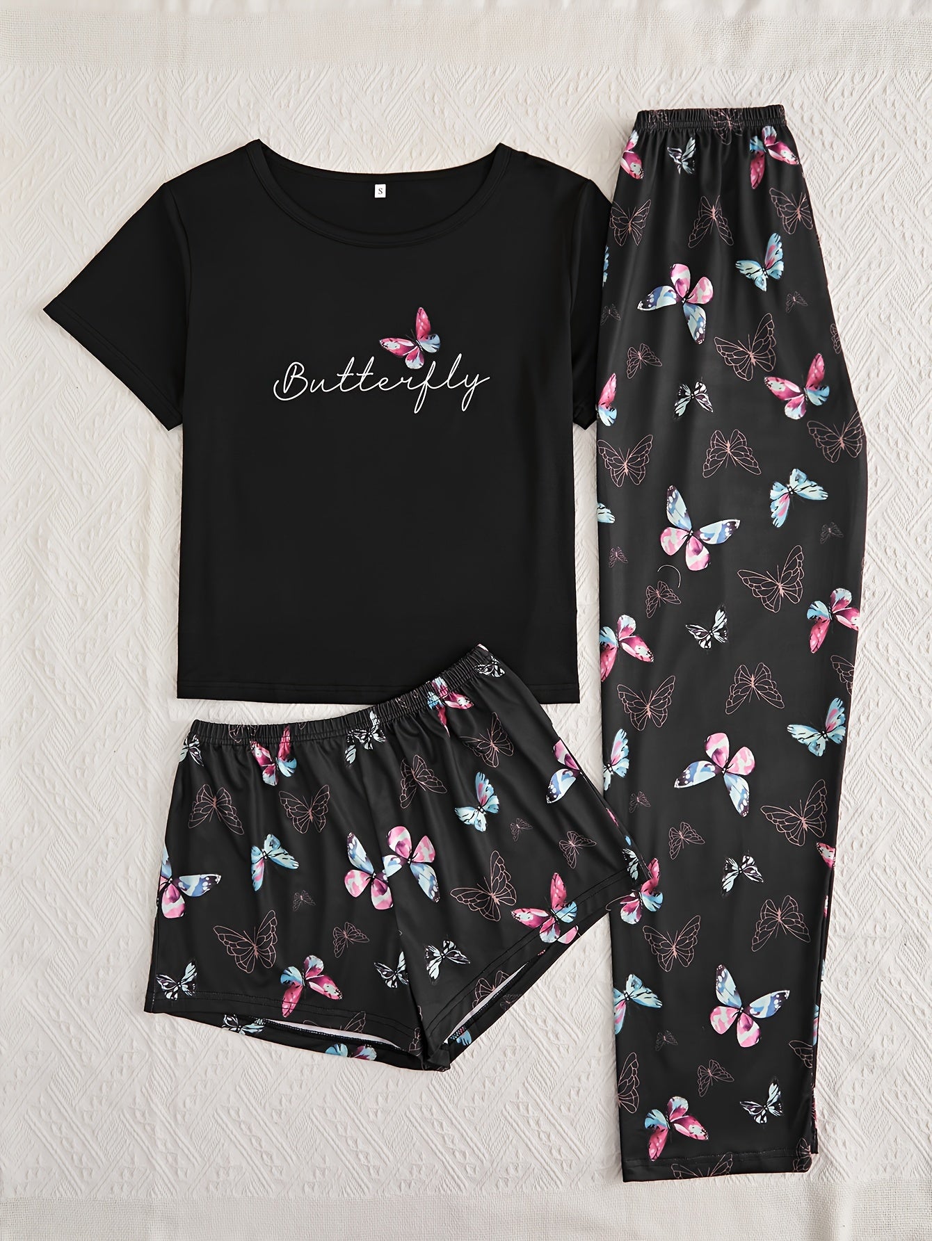 Butterfly Print Pajamas Set Short Sleeve Top & Shorts/Pants Women's Sleepwear
