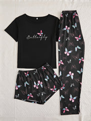 Butterfly Print Pajamas Set Short Sleeve Top & Shorts/Pants Women's Sleepwear