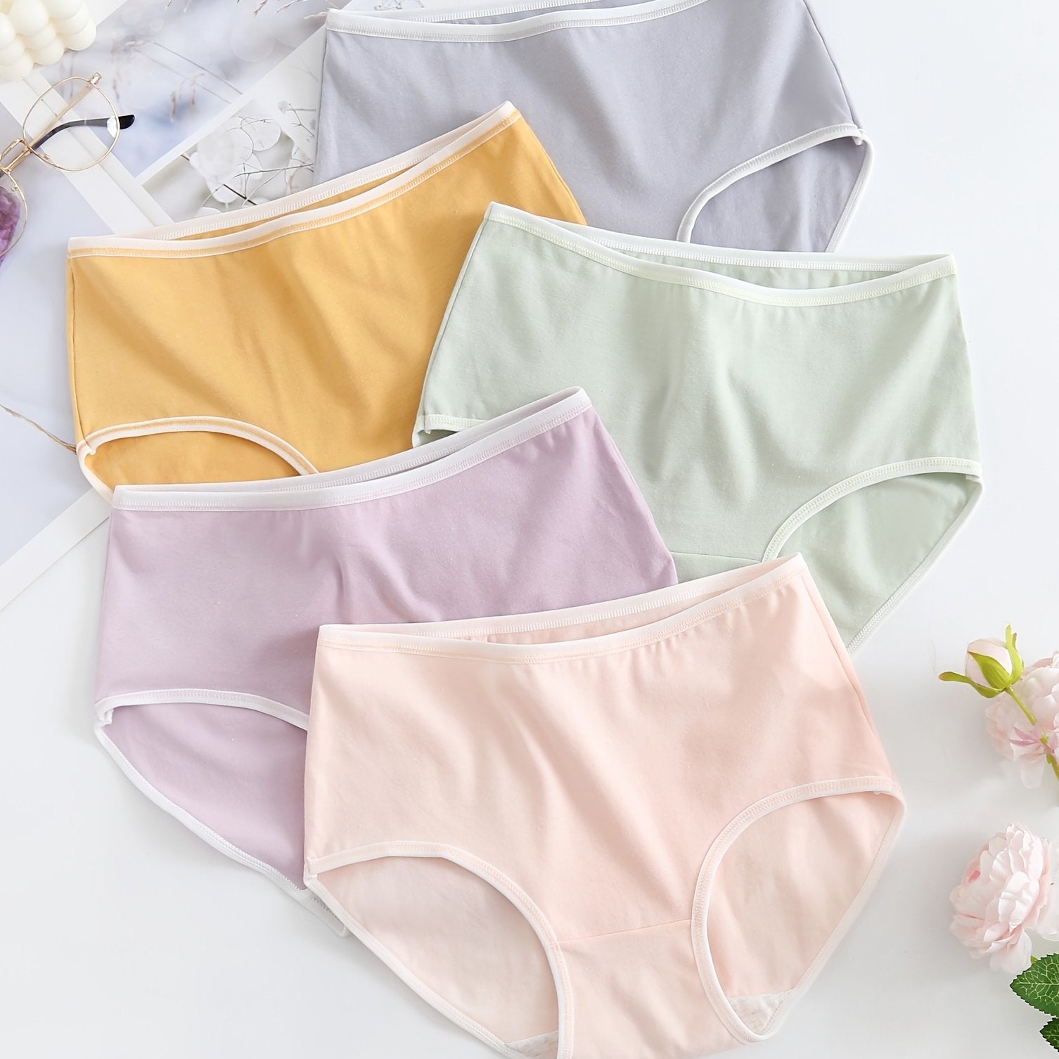 5 Pcs Cotton Panties Comfy Mid Rise Stretch Briefs Women's Lingerie