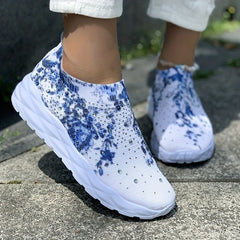 Floral Print Sock Sneakers Rhinestone Slip On Low Top Shoes