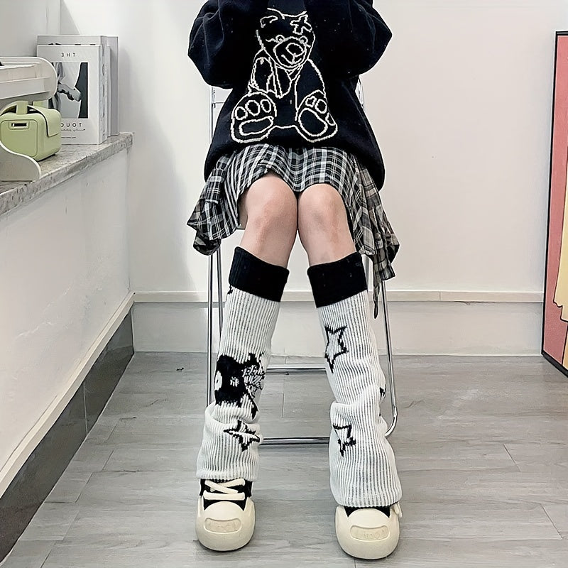 Skull & Star Print Leg Warmers Y2K Knee High Socks Women's Stockings