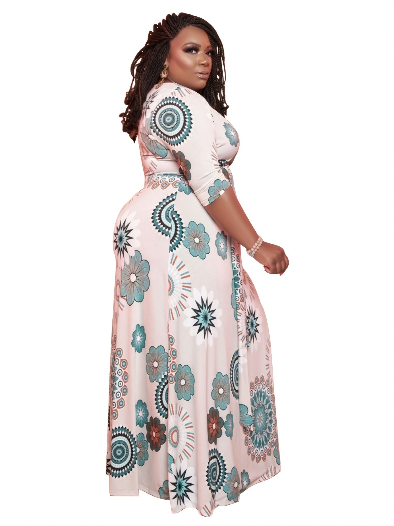 All Over Print V Neck Long Sleeve Wrap Maxi Dress Women's Plus Medium