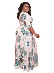 All Over Print V Neck Long Sleeve Wrap Maxi Dress Women's Plus Medium